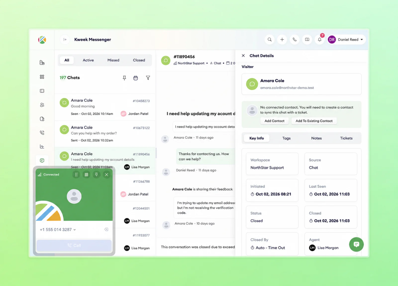 Kweek Messenger customer conversation interface