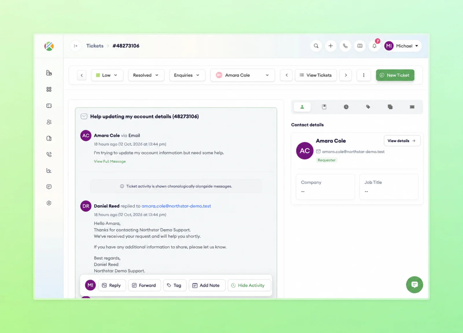 Kwikly customer support ticket detail
